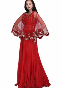Embroidered Georgette Cape Style Gown in Red