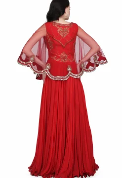 Embroidered Georgette Cape Style Gown in Red