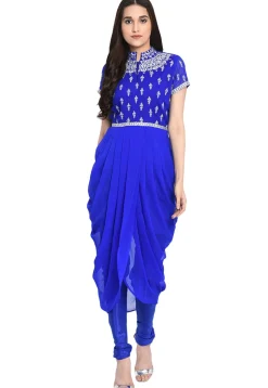 Embroidered Georgette Cowl Style Kurta in Royal Blue