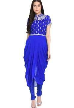 Embroidered Georgette Cowl Style Kurta Set in Royal Blue