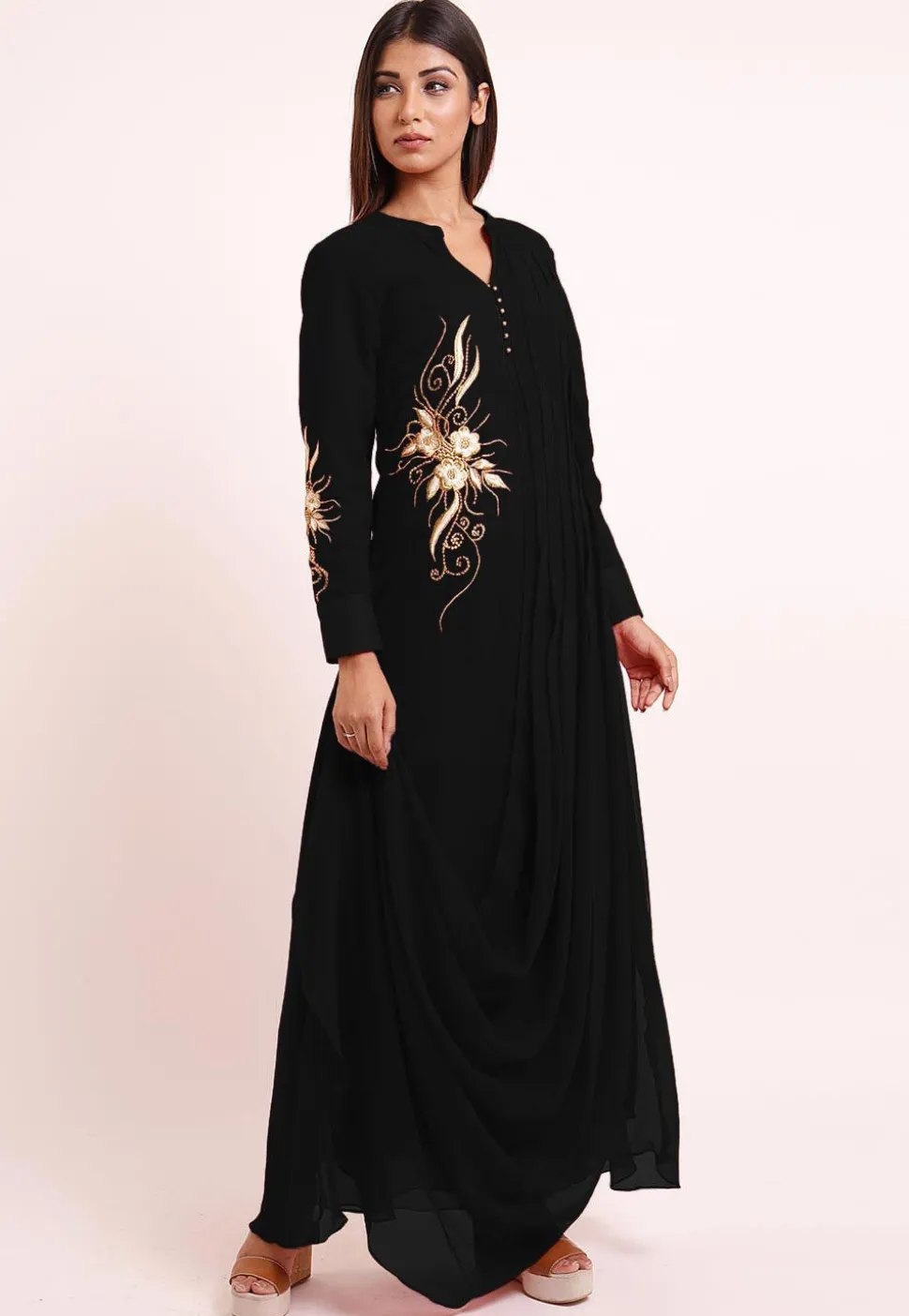 Embroidered Georgette Cowl Style Kurta in Black