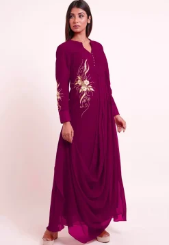 Embroidered Georgette Cowl Style Kurta in Magenta