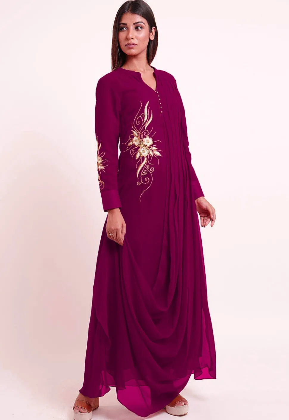 Embroidered Georgette Cowl Style Kurta in Magenta