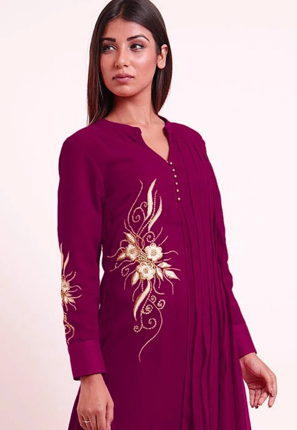 Embroidered Georgette Cowl Style Kurta in Magenta