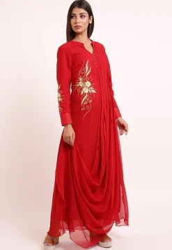 Embroidered Georgette Cowl Style Kurta in Red