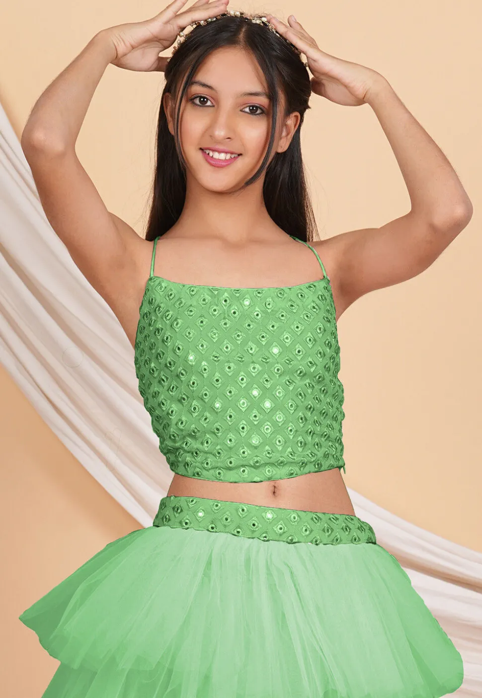 Embroidered Georgette Crop Top Set in Pastel Green
