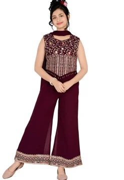 Embroidered Georgette Crop Top Set in Wine