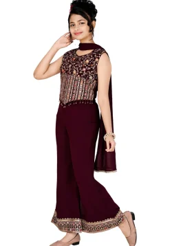Embroidered Georgette Crop Top Set in Wine