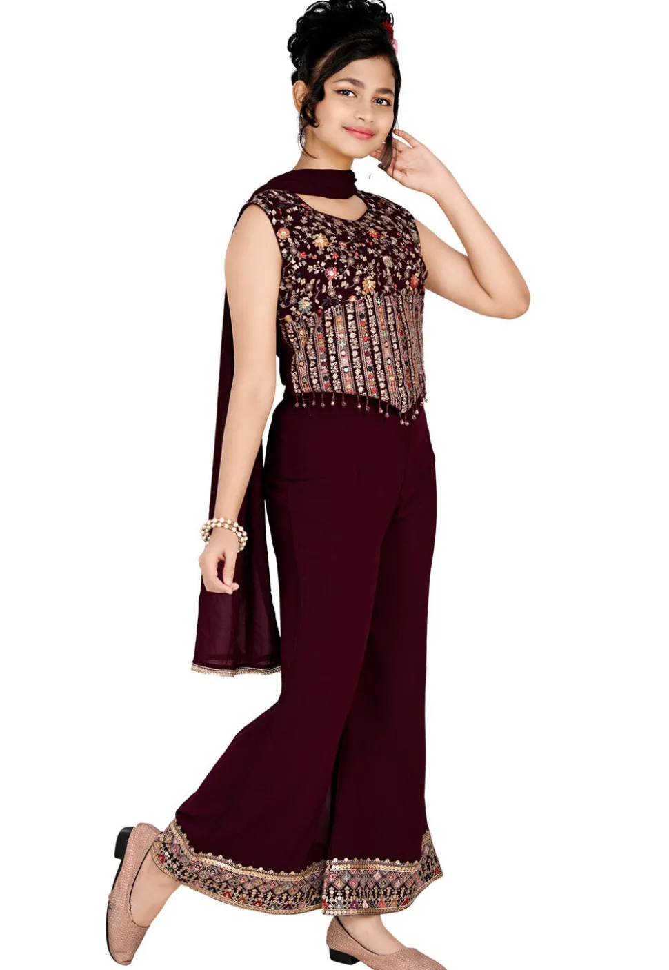 Embroidered Georgette Crop Top Set in Wine