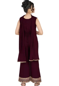 Embroidered Georgette Crop Top Set in Wine