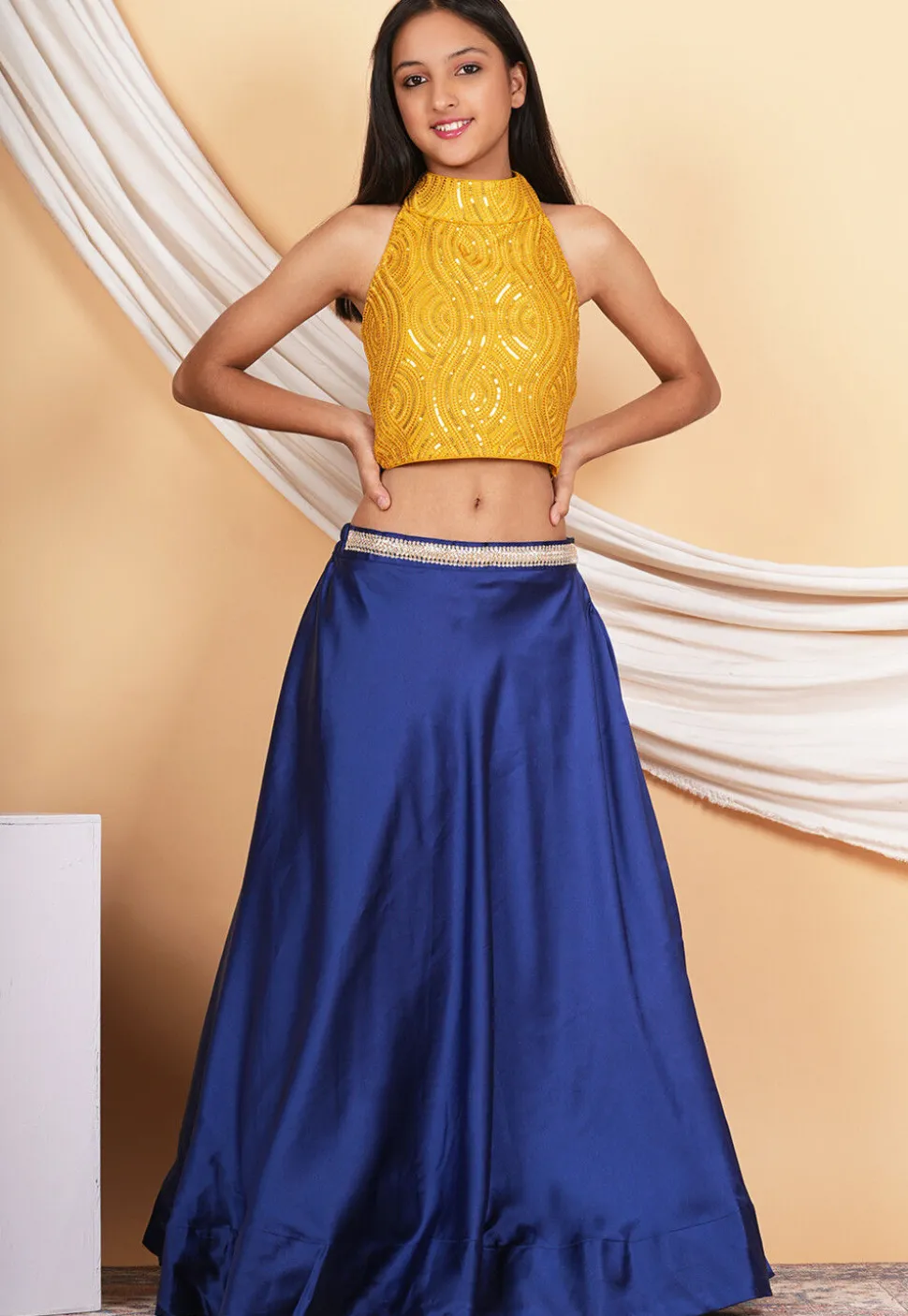 Embroidered Georgette Crop Top Set in Mustard