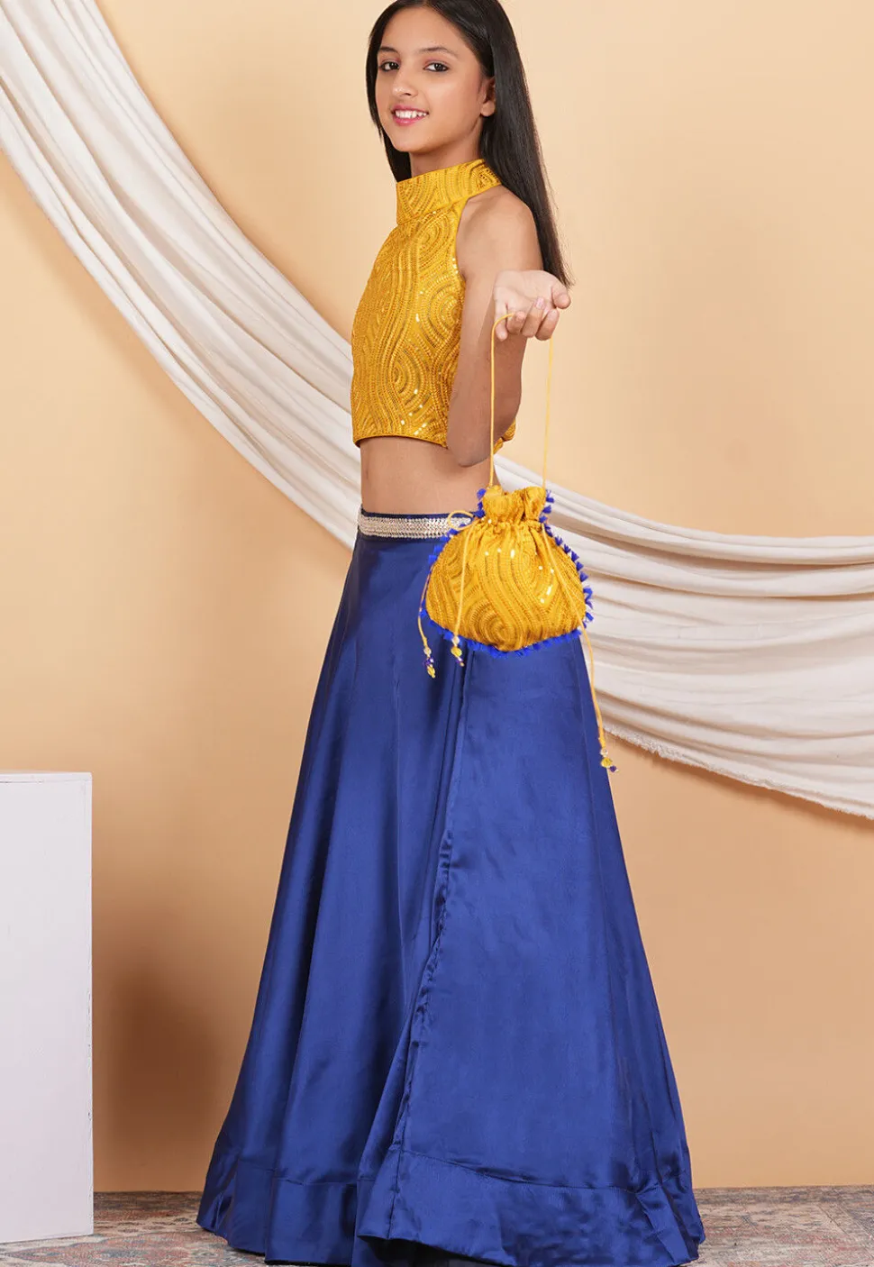 Embroidered Georgette Crop Top Set in Mustard