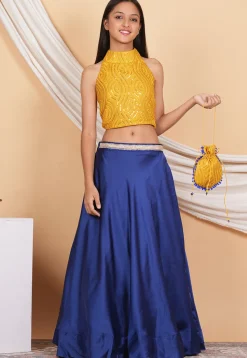 Embroidered Georgette Crop Top Set in Mustard