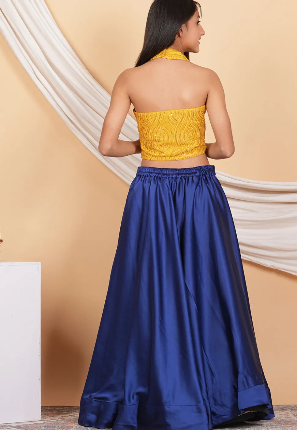 Embroidered Georgette Crop Top Set in Mustard