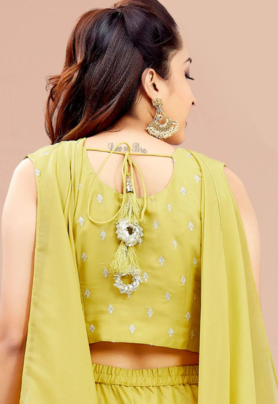 Embroidered Georgette Crop Top Set in Yellow