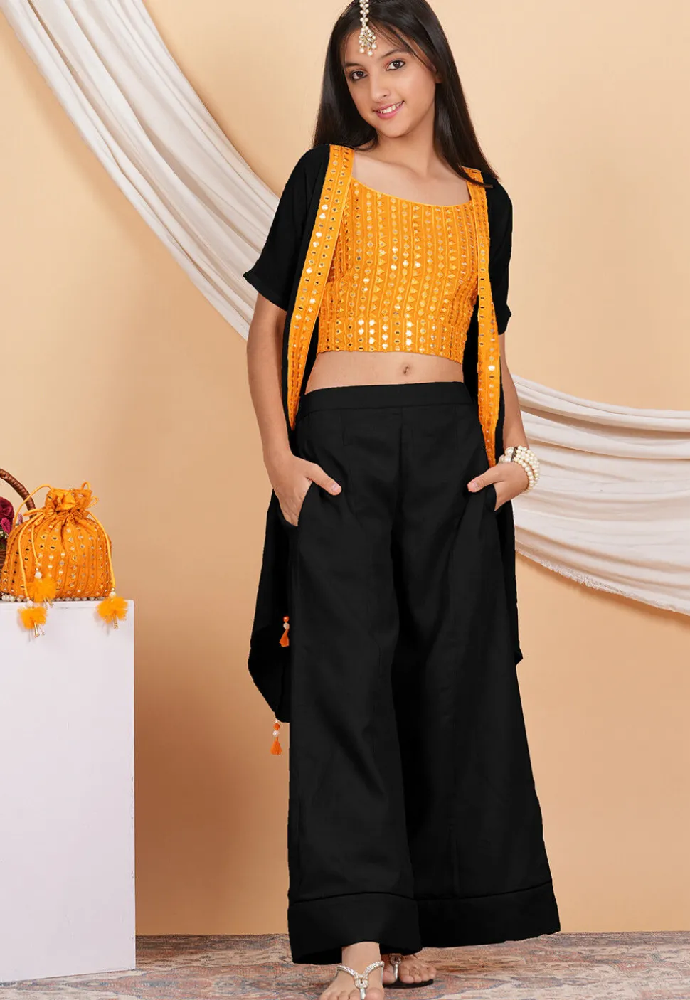 Embroidered Georgette Crop Top Set in Orange and Black