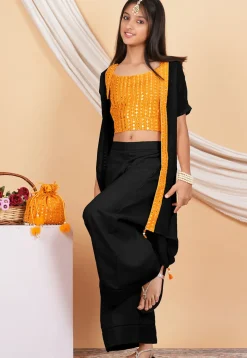 Embroidered Georgette Crop Top Set in Orange and Black