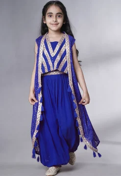 Embroidered Georgette Crop Top Set in Royal Blue