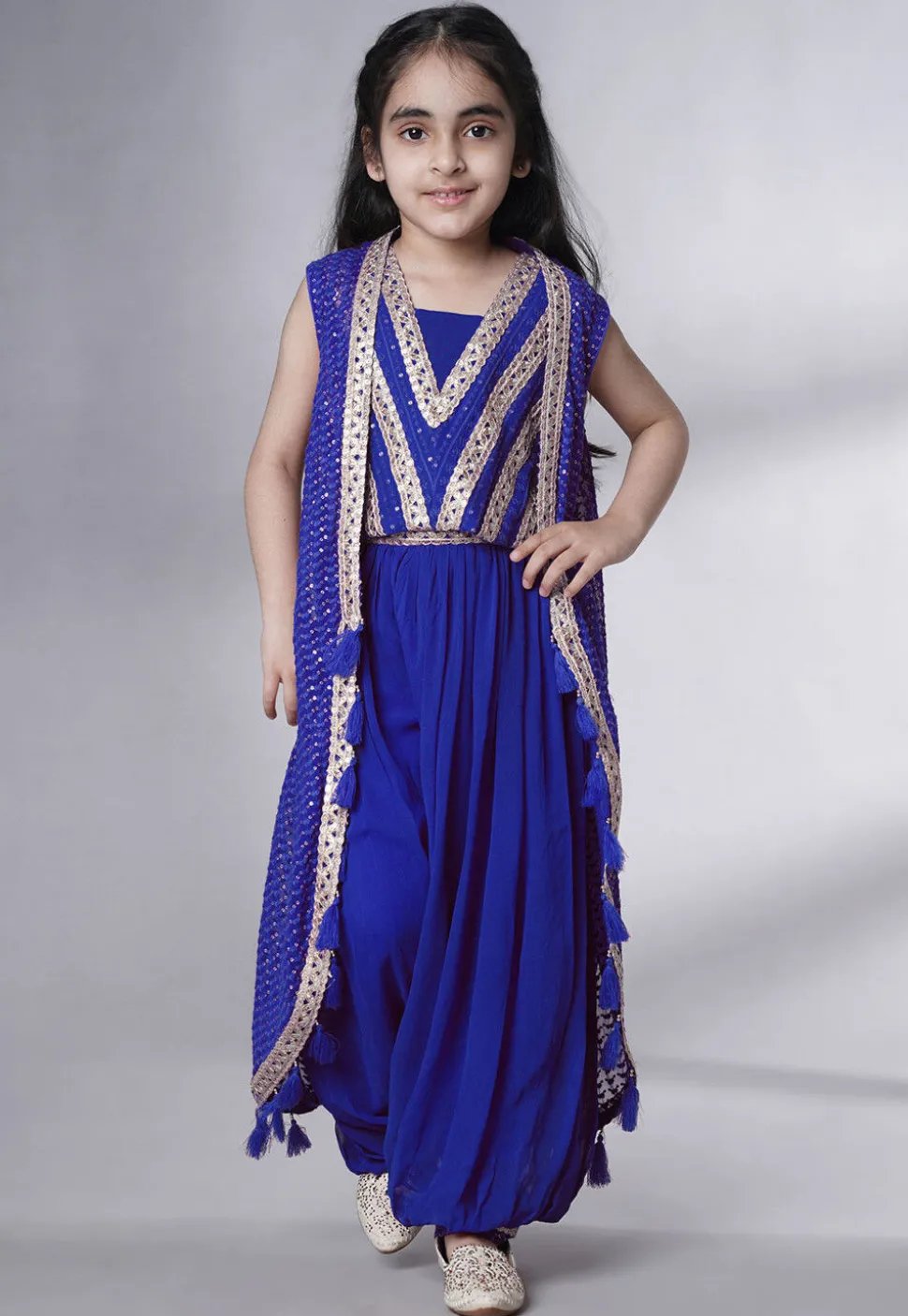 Embroidered Georgette Crop Top Set in Royal Blue