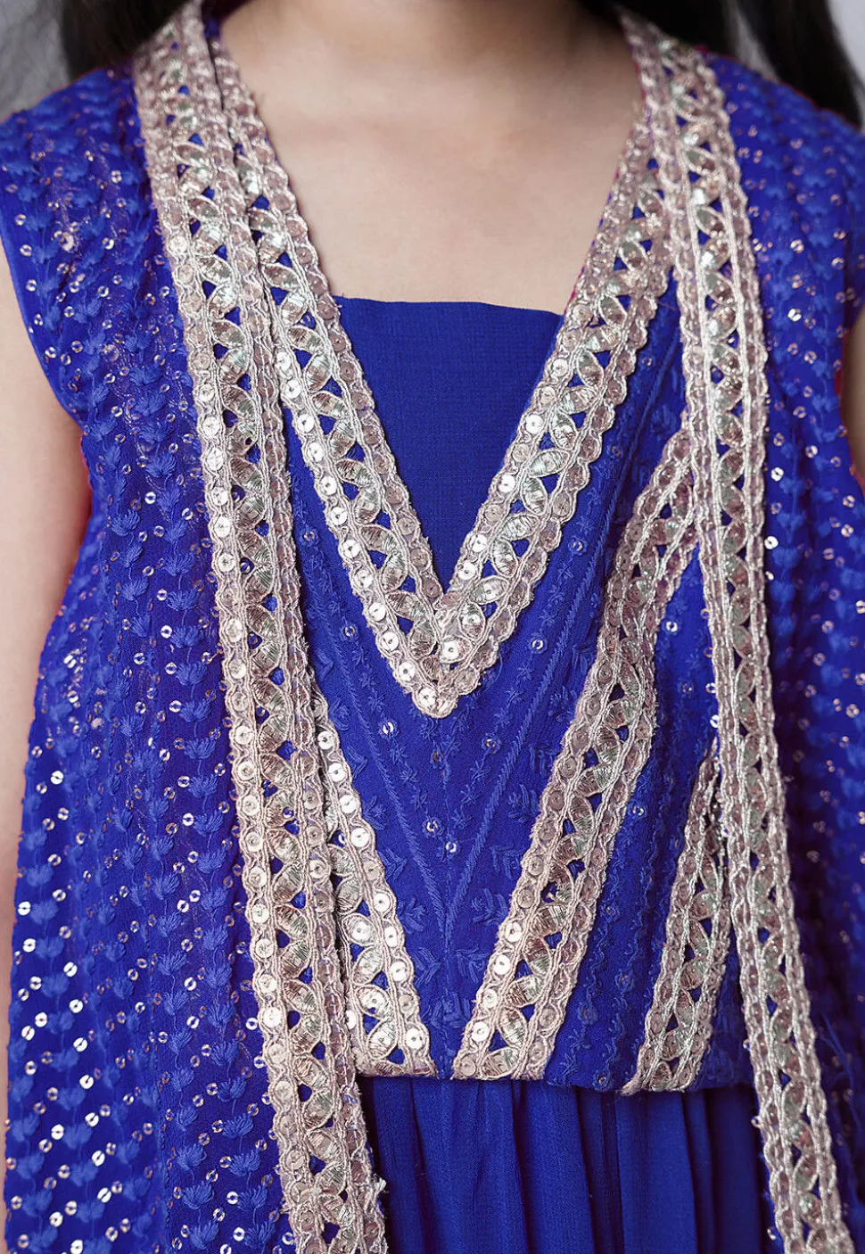 Embroidered Georgette Crop Top Set in Royal Blue