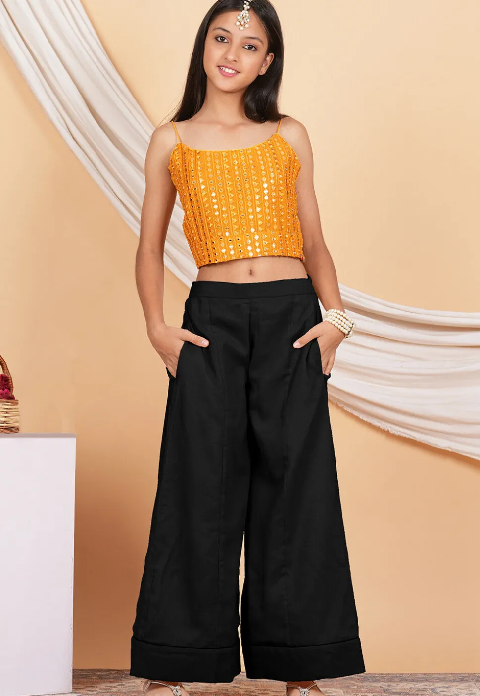 Embroidered Georgette Crop Top Set in Orange and Black
