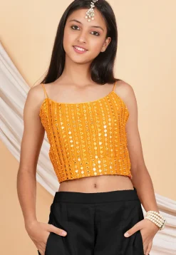 Embroidered Georgette Crop Top Set in Orange and Black