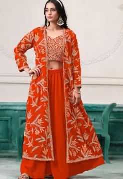 Embroidered Georgette Crop Top Set in Orange