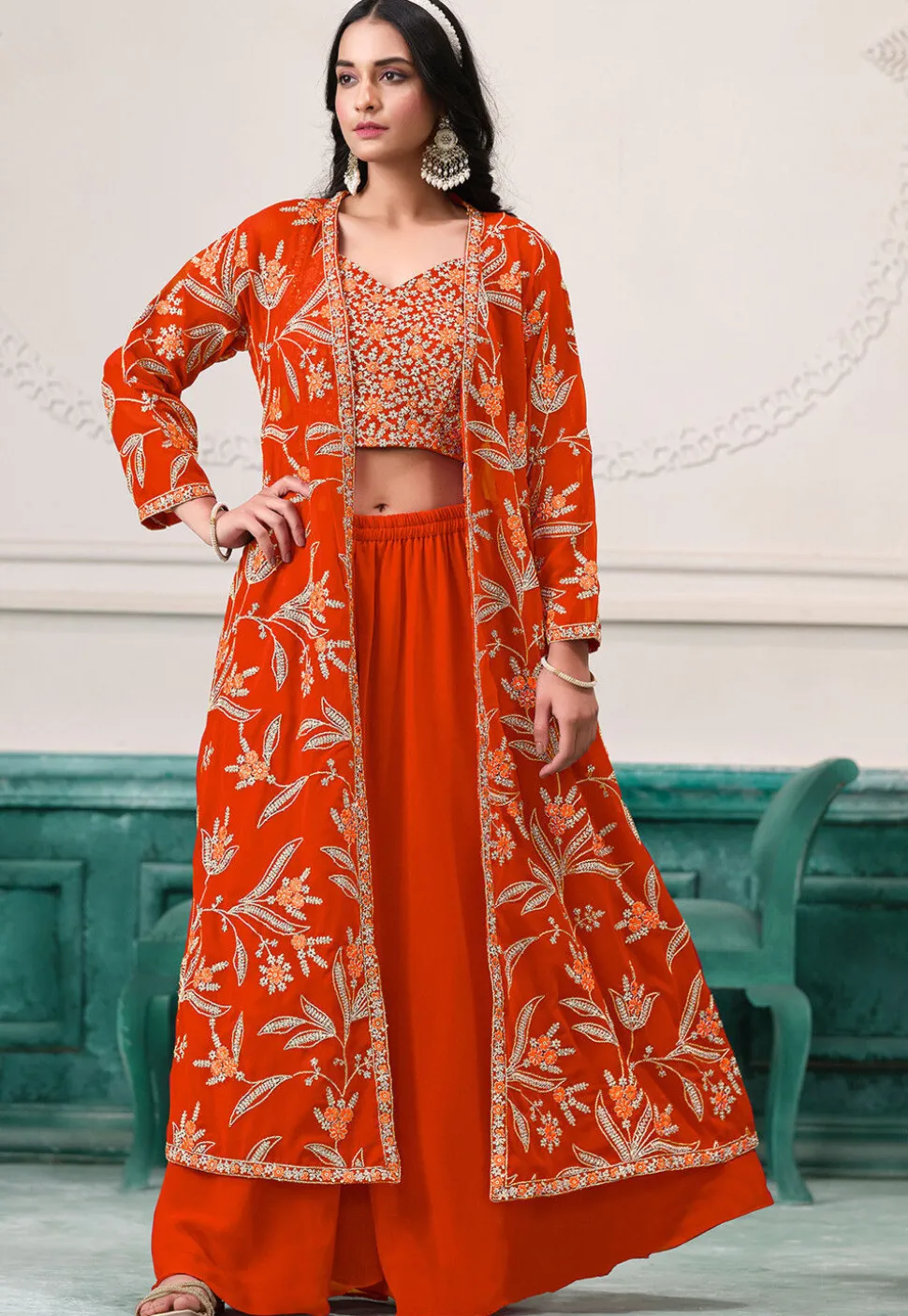 Embroidered Georgette Crop Top Set in Orange