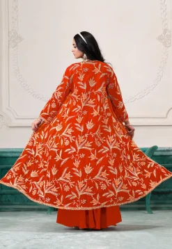 Embroidered Georgette Crop Top Set in Orange