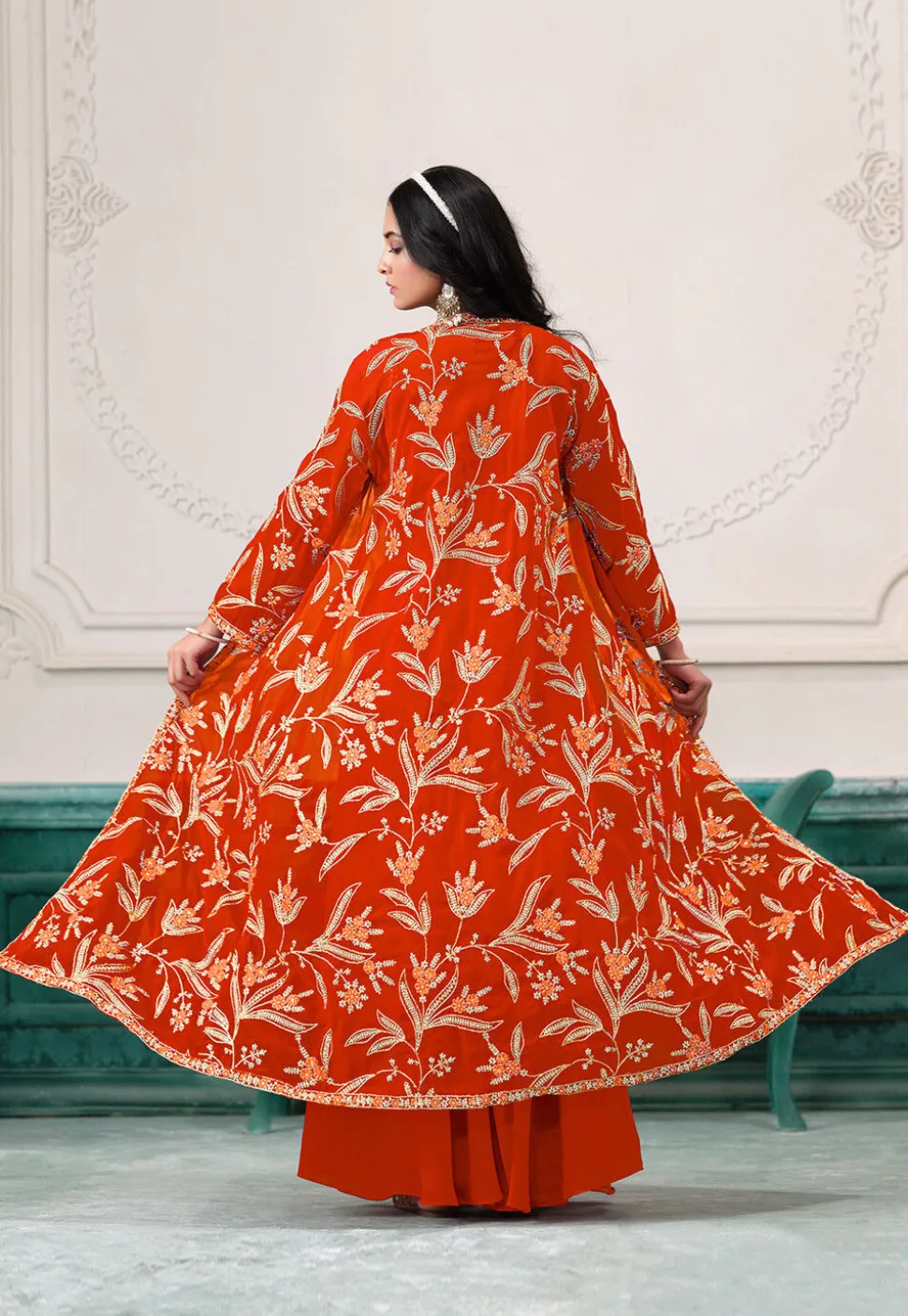 Embroidered Georgette Crop Top Set in Orange