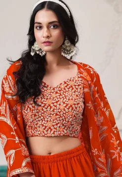Embroidered Georgette Crop Top Set in Orange
