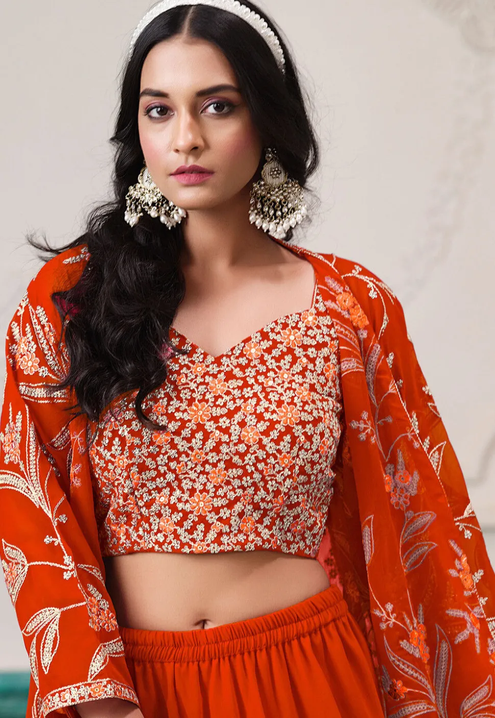 Embroidered Georgette Crop Top Set in Orange