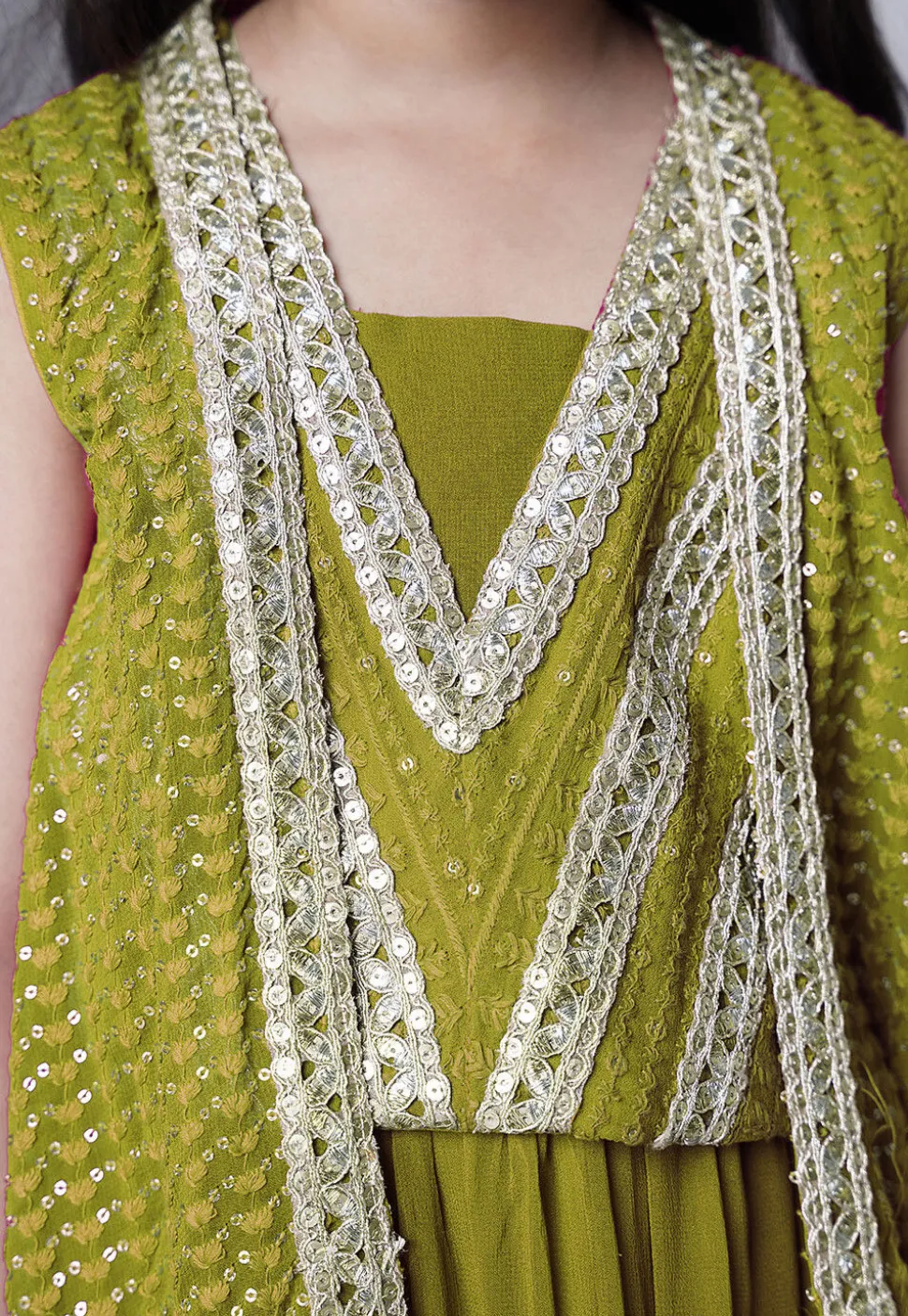 Embroidered Georgette Crop Top Set in Olive Green