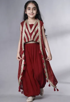 Embroidered Georgette Crop Top Set in Maroon