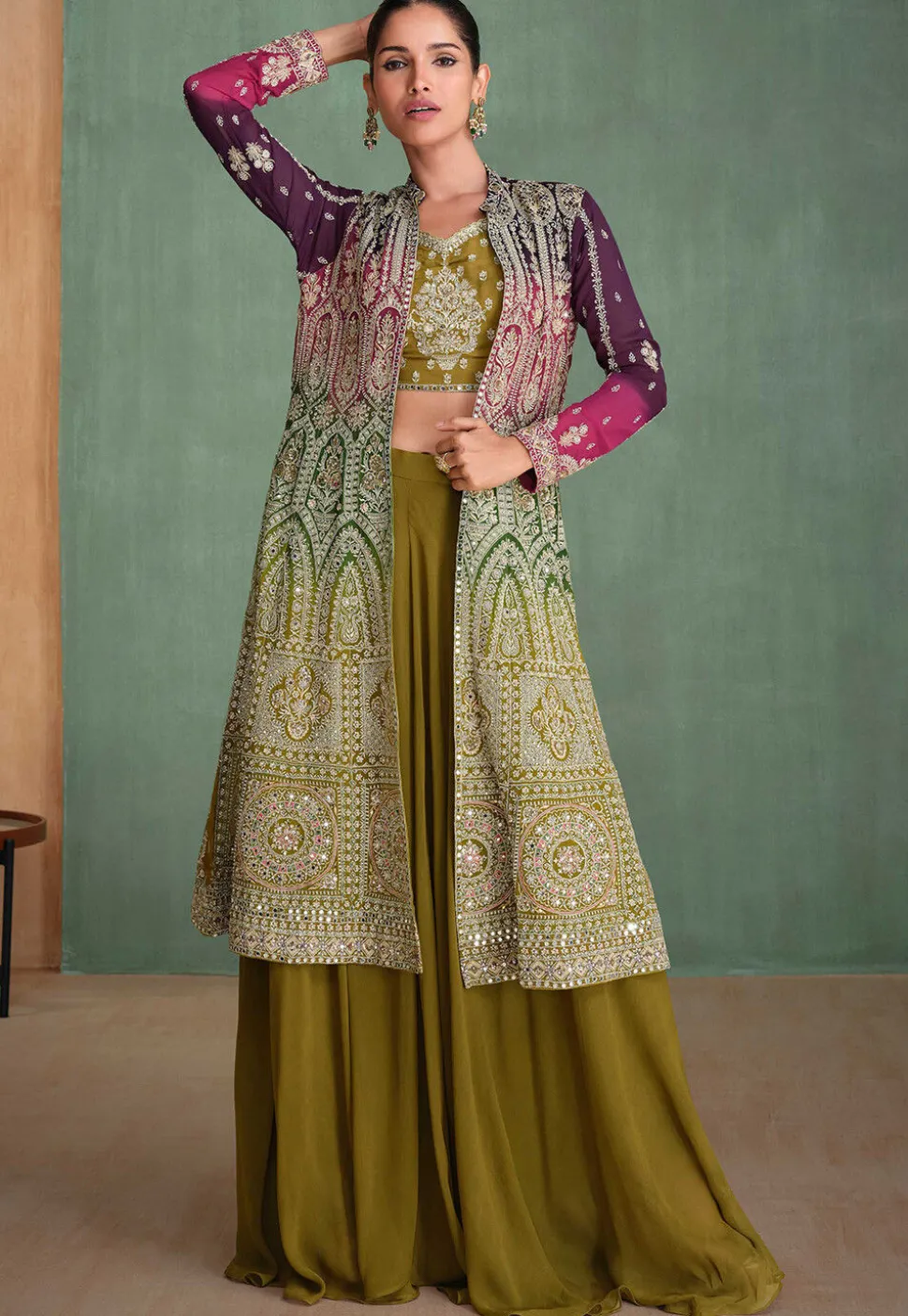 Embroidered Georgette Crop Top Set in Olive Green