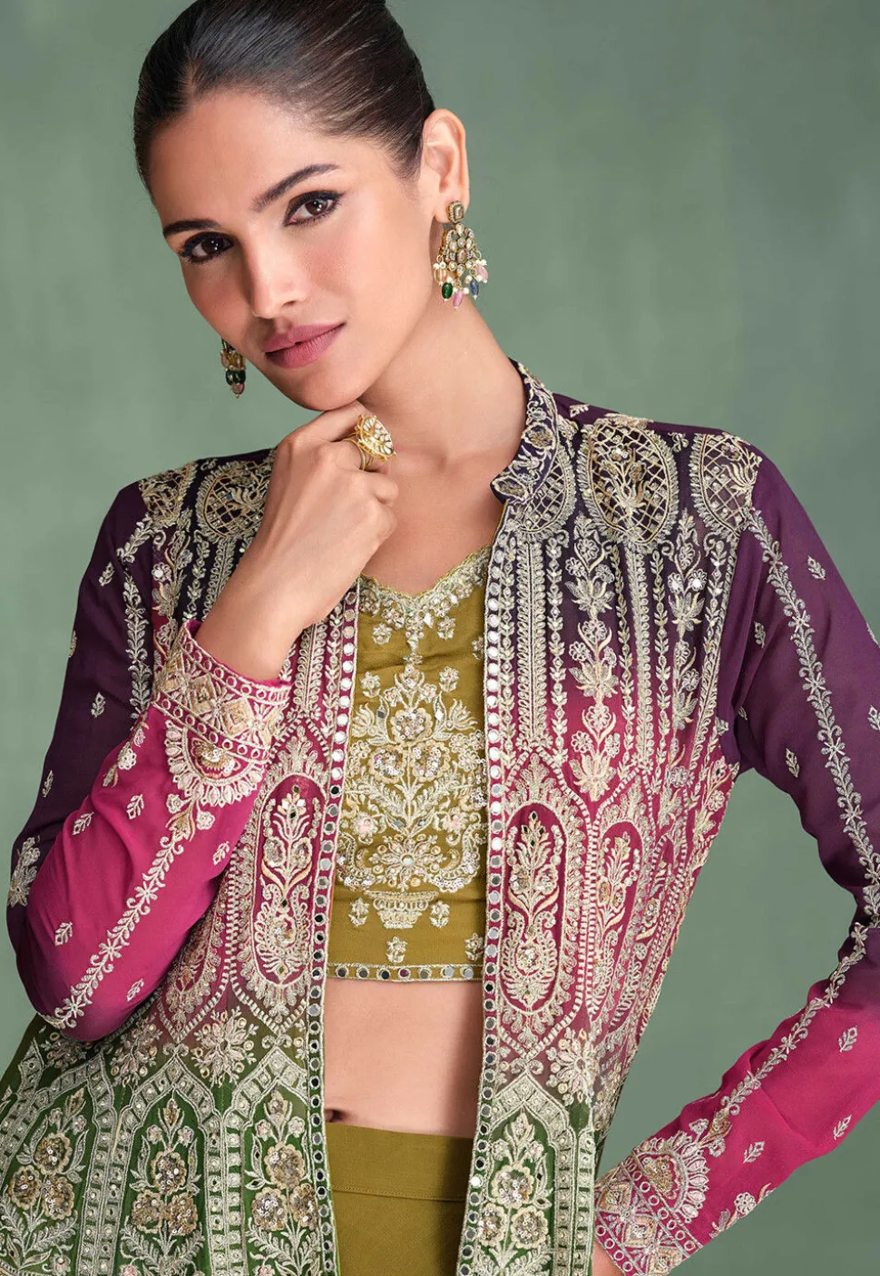 Embroidered Georgette Crop Top Set in Olive Green