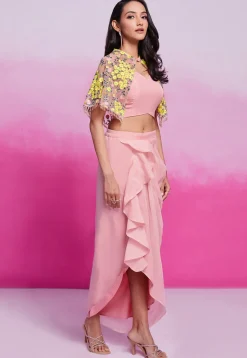 Embroidered Georgette Crop Top Set in Peach