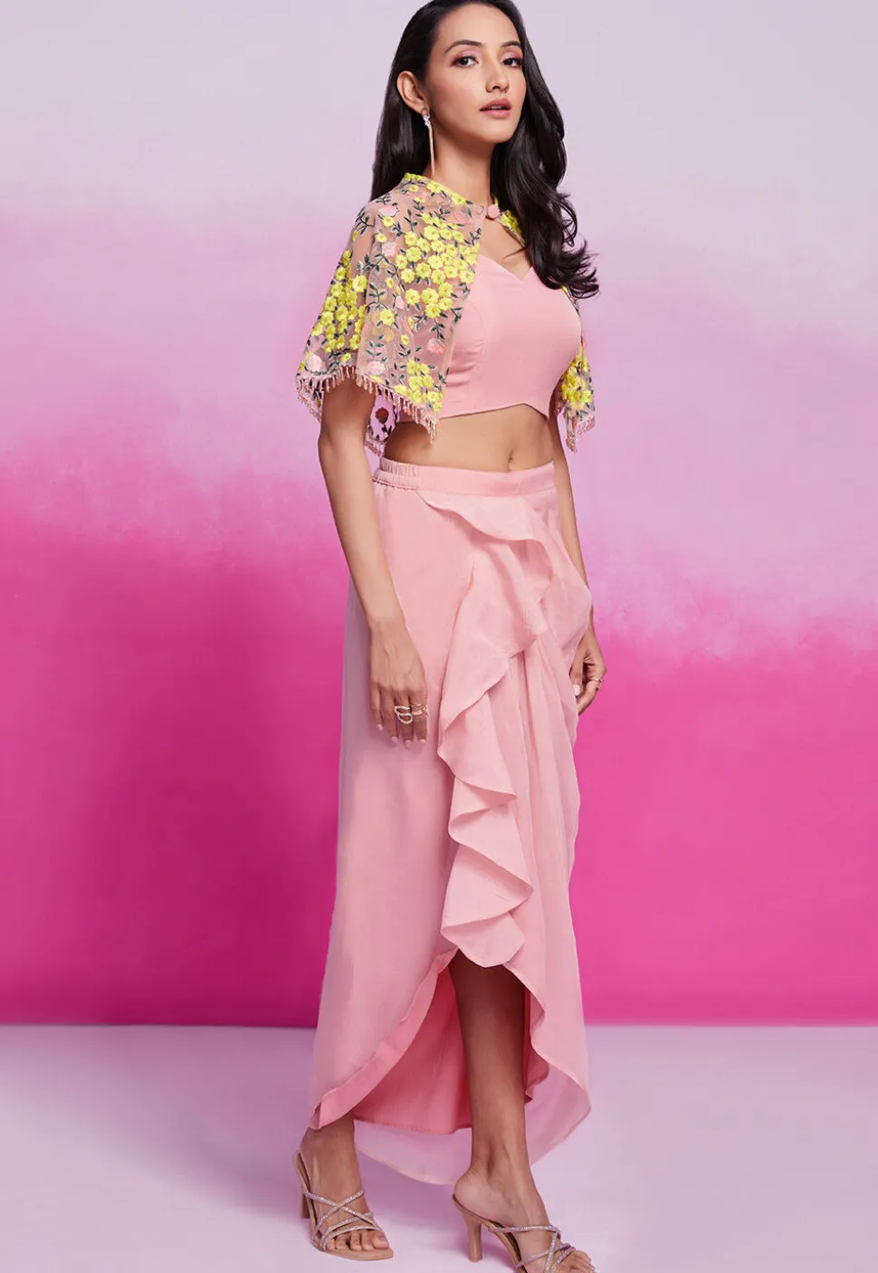 Embroidered Georgette Crop Top Set in Peach