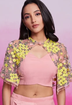 Embroidered Georgette Crop Top Set in Peach