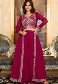 Embroidered Georgette Crop Top Set in Pink