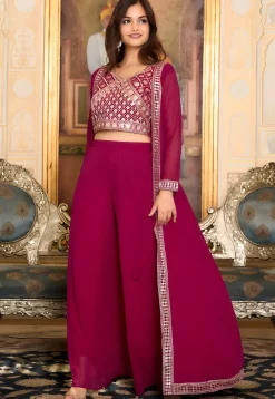 Embroidered Georgette Crop Top Set in Pink