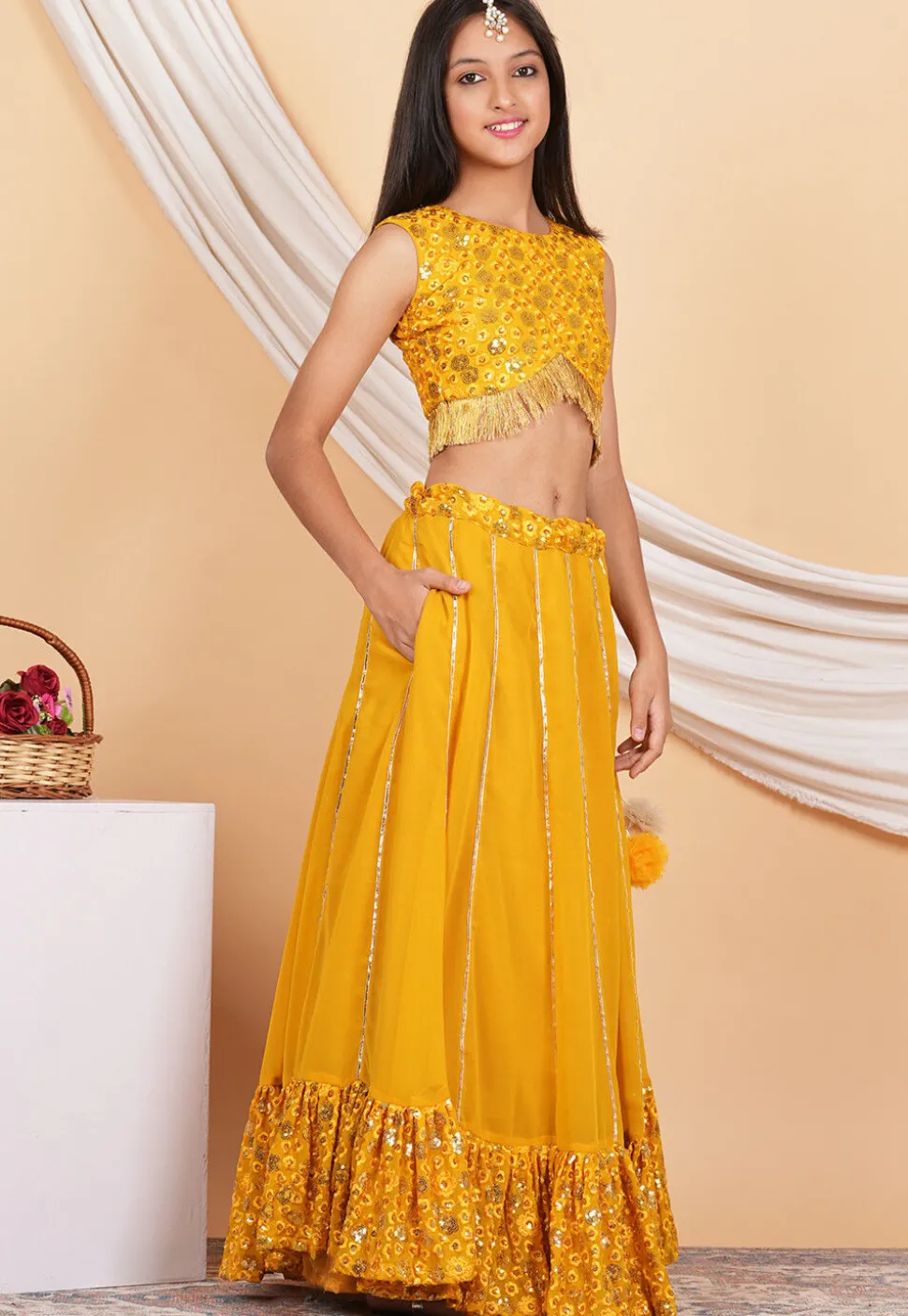 Embroidered Georgette Crop Top Set in Mustard