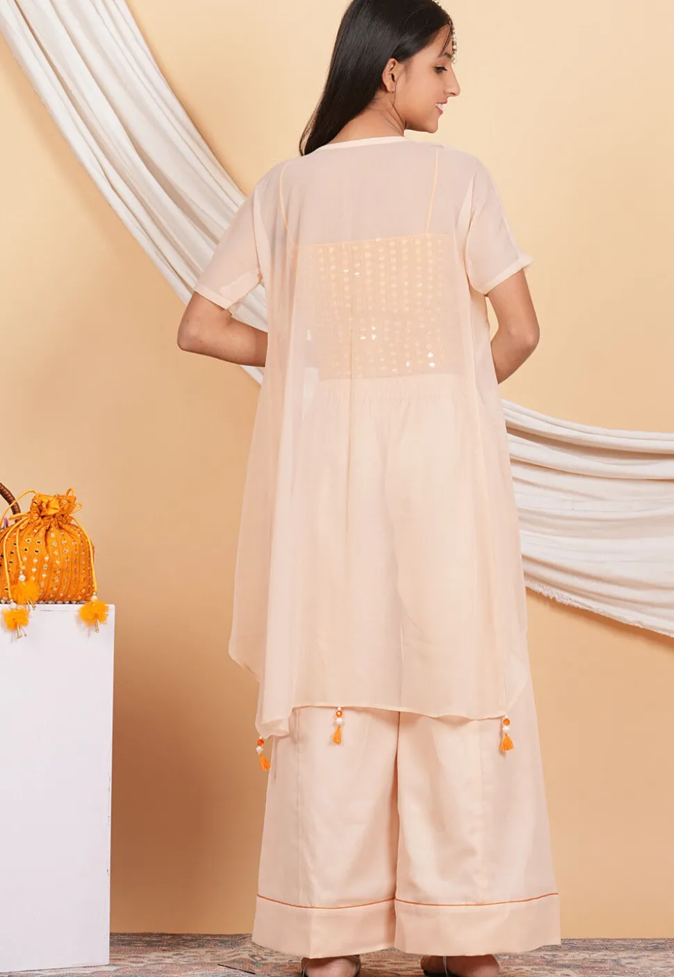 Embroidered Georgette Crop Top Set in Orange
