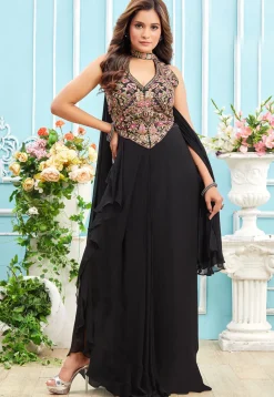 Embroidered Georgette Crop Top Set in Black