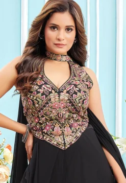 Embroidered Georgette Crop Top Set in Black