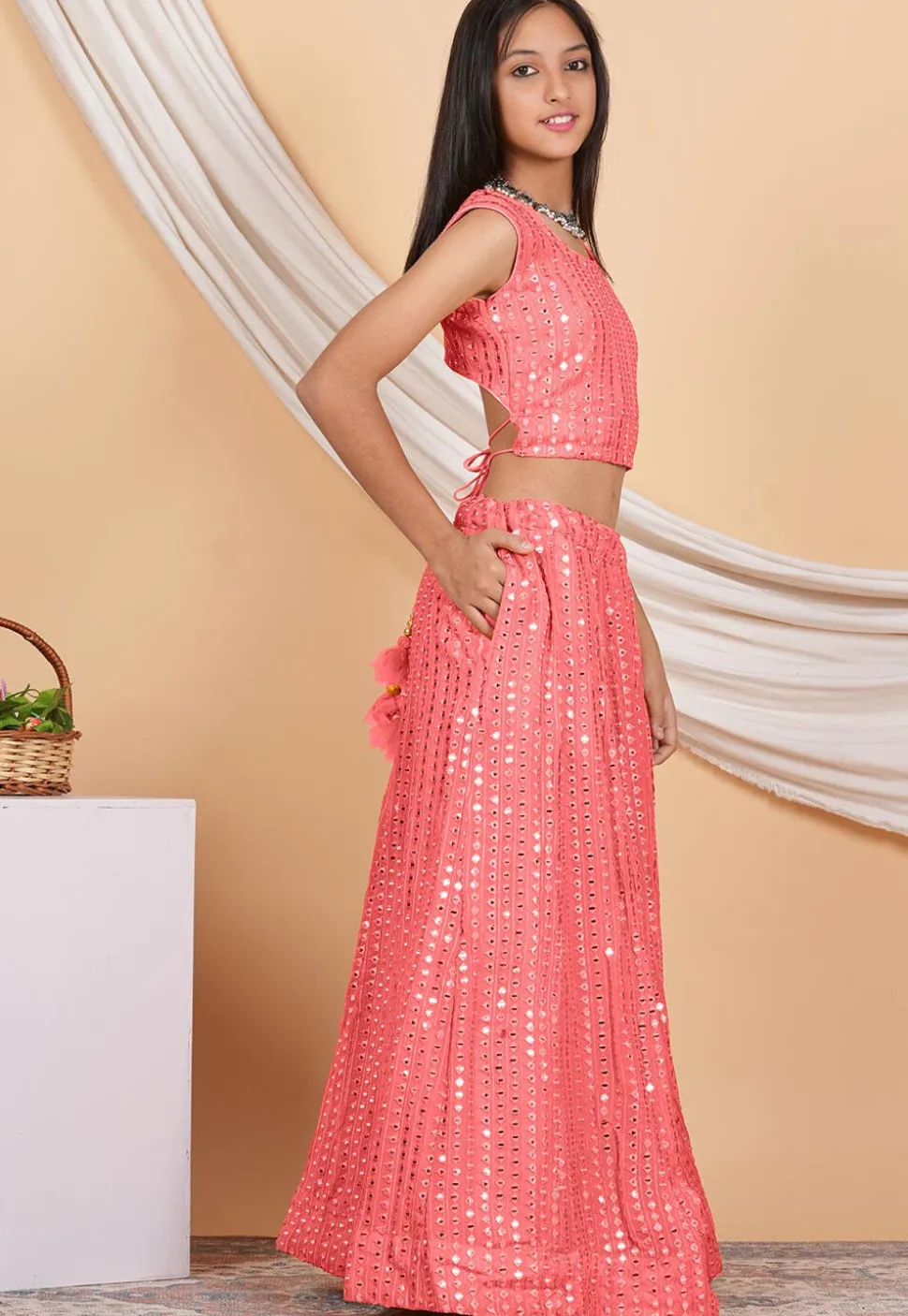 Embroidered Georgette Crop Top Set in Coral Peach