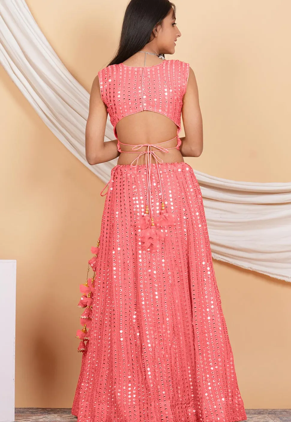 Embroidered Georgette Crop Top Set in Coral Peach