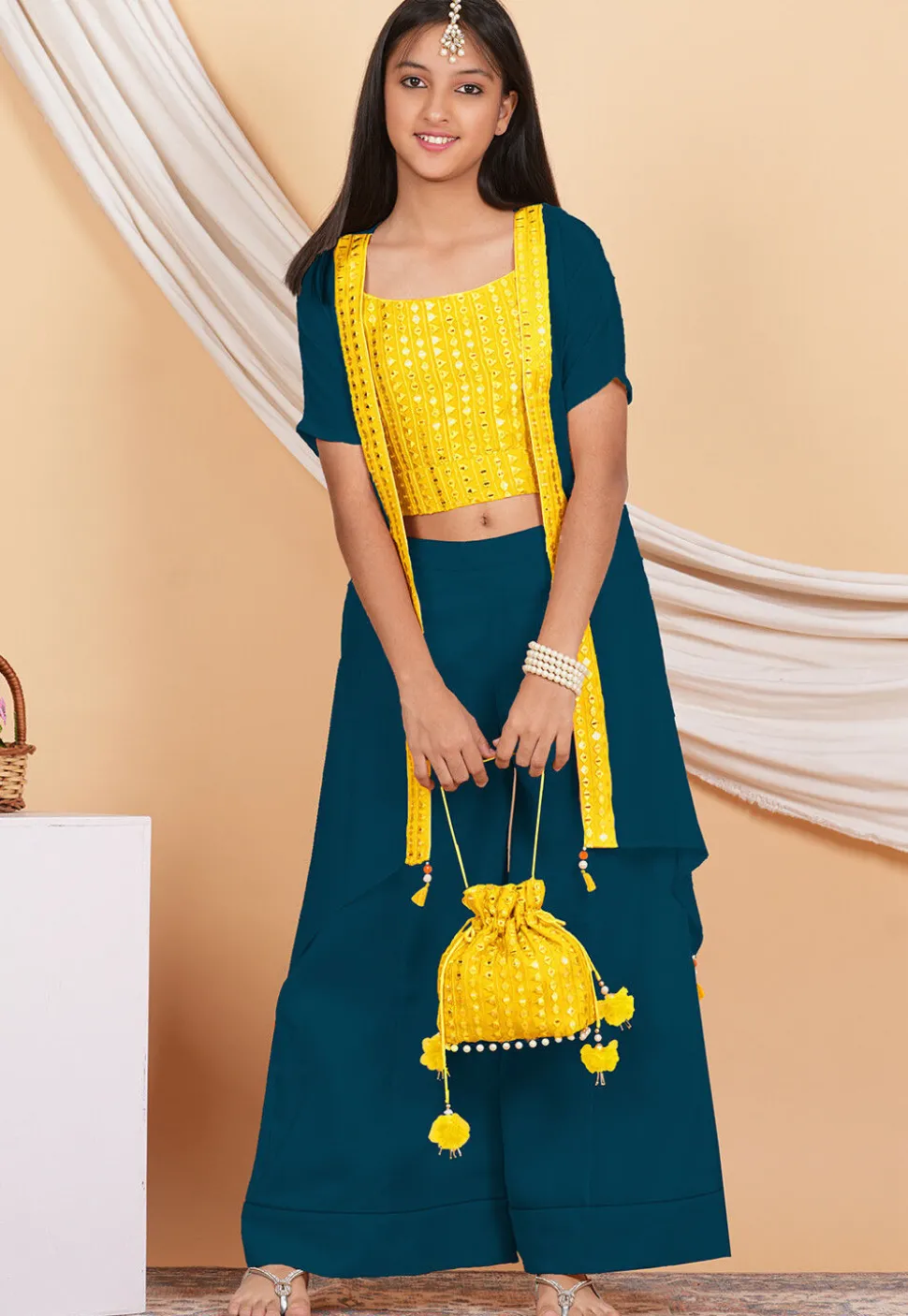 Embroidered Georgette Crop Top Set in Yellow and Teal Blue