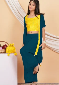 Embroidered Georgette Crop Top Set in Yellow and Teal Blue