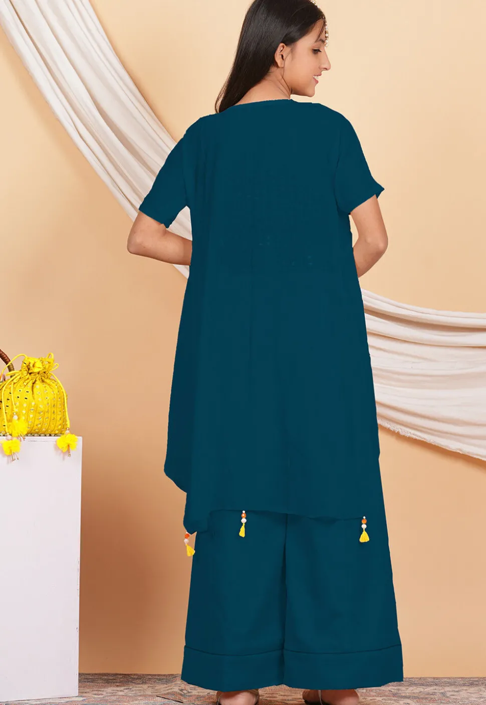 Embroidered Georgette Crop Top Set in Yellow and Teal Blue